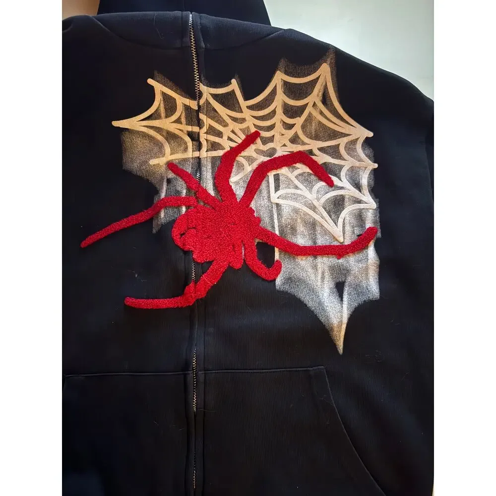 ELFRIC EDEN Spider Web Full Zip Graphic Gothic Hoodie Black Red White Size Large